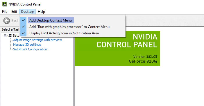 nvidia control panel set graphics processor not working